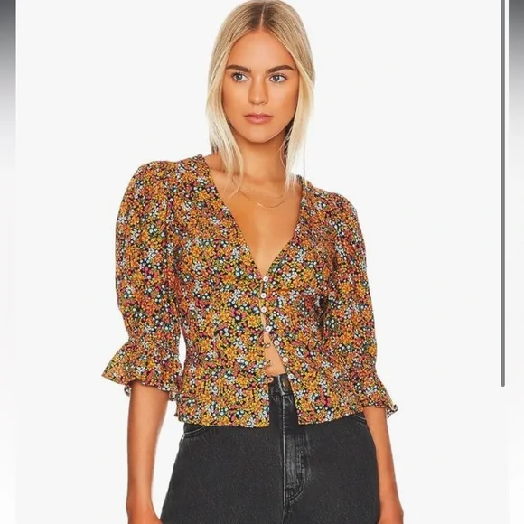 Free People I Found You Printed Blouse Floral Mustard Boho Size Small - Picture 1 of 6